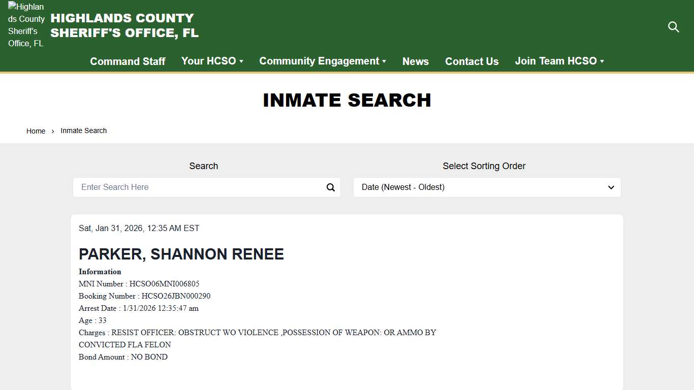 Inmate Search Highlands County Sheriff’s Office, FL